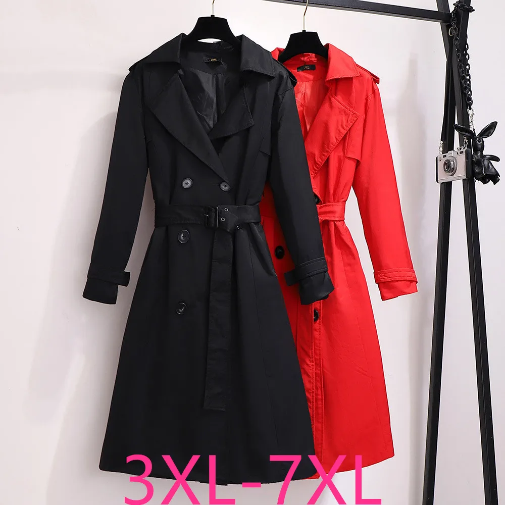 New Autumn Winter Plus Size Women Clothing Overcoat Large Casual Loose Black Red Belt Windbreaker Long Coat 3XL 4XL 5XL 6XL 7XL