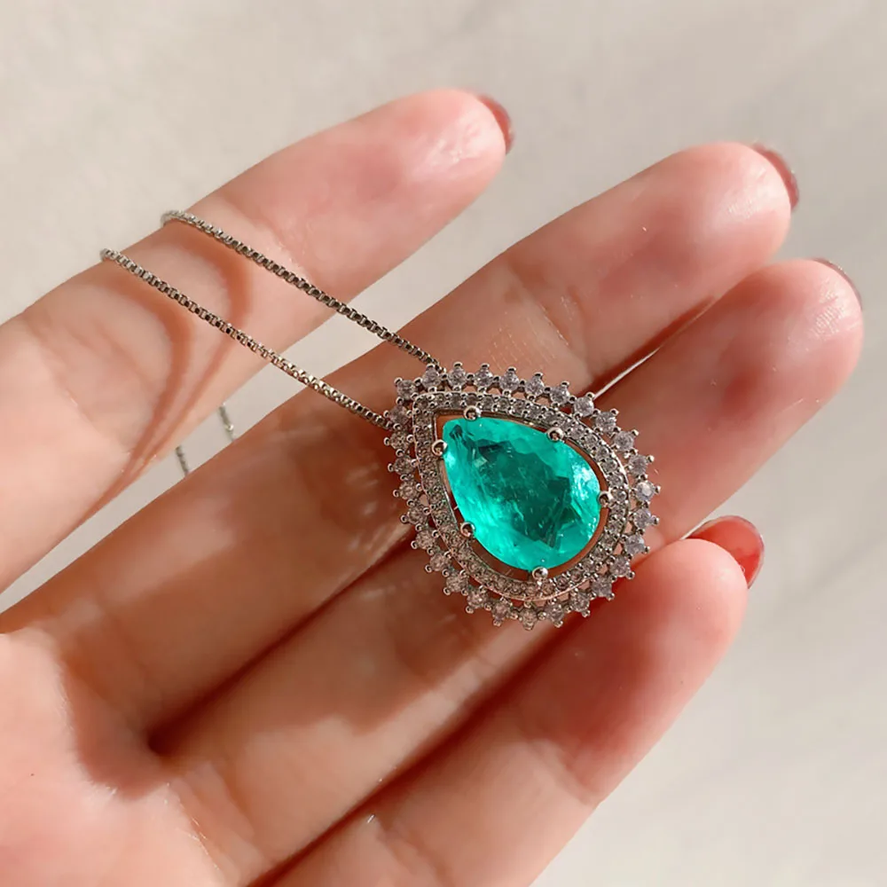 2021 nuovo vero argento Sterling 925 a forma di pera Paraiba tormalina pietra preziosa ciondolo collana orecchini set di gioielli regali per donne