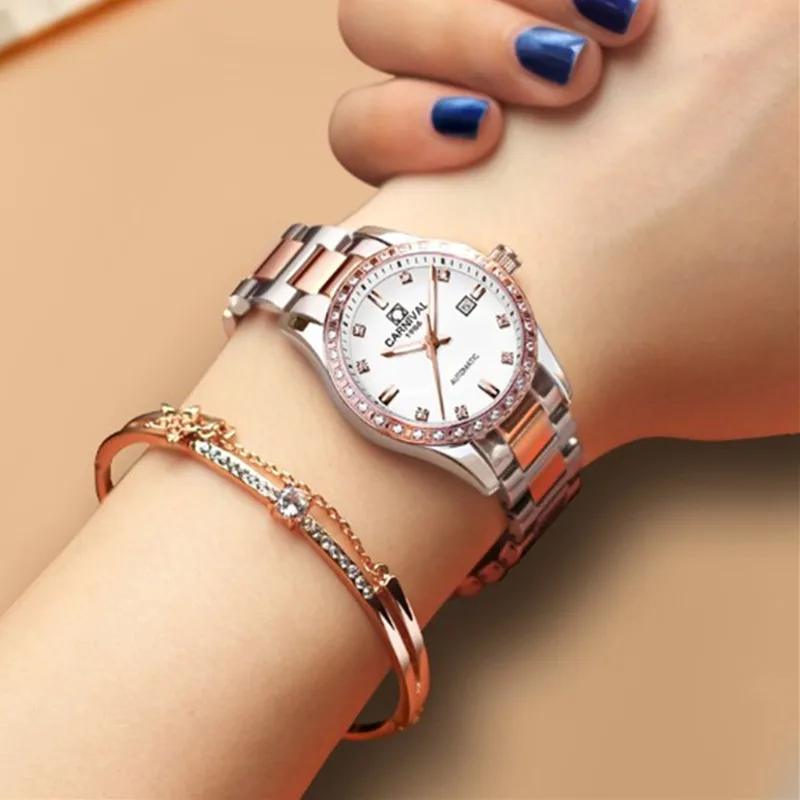 Carnival rhinestone automatic watches women luminous waterproof lady mechanical watch luxury brand relogio feminino reloj mujer