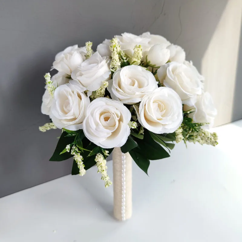 Braut Brautjungfer Hochzeit Bouquet Weiß Silk Blumen Rosen Künstliche Braut Boutonniere Pins Mariage Bouquet Hochzeit Zubehör