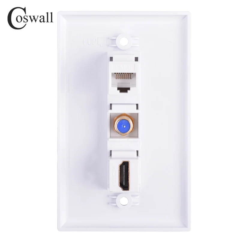 Coswall PC Panel Wall Outlet Coaxial Satellite TV F Head & CAT6 RJ45 Internet Jack + Female to Female HDMI-compatible 2.0