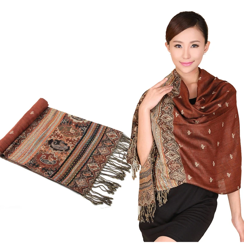 New Arrival Autumn Winter Brick Red Hot Sale Reversal Double-Sides Fancy Paisley Women's Pashmina Shawl Scarf Warp Bee 011504