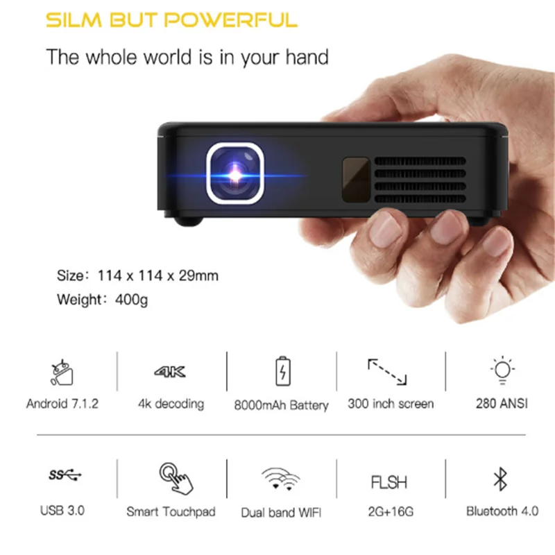 D13 4K Android7.1.2 Mini Dlp Máy Chiếu Cầm Tay Thông Minh Máy Cân Bằng Laser 1 Pin 8000MAh HD 1080P Nhà Proyector Miracast Airplay eshare