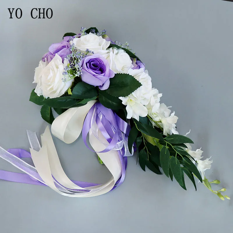 YO CHO Silk Rose Wedding Bride Bouquet Hand Hold Flower Decoration Holiday Party Supply European Waterfall Roses Wedding Bouquet