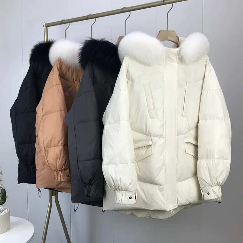 Women's 2021 Winter New Fashion White Down Jacket Women Mediumn Long Oversized Thick Big Fur Collar Warm Causal Jacket Female