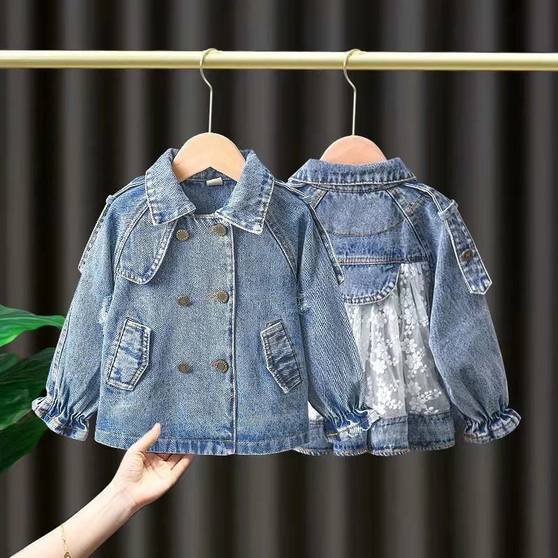 Spring Autumn New Girls Denim Jackets Trench Jean Embroidery Jackets Children\'s Kids clothing baby Lace coat Casual outerwear