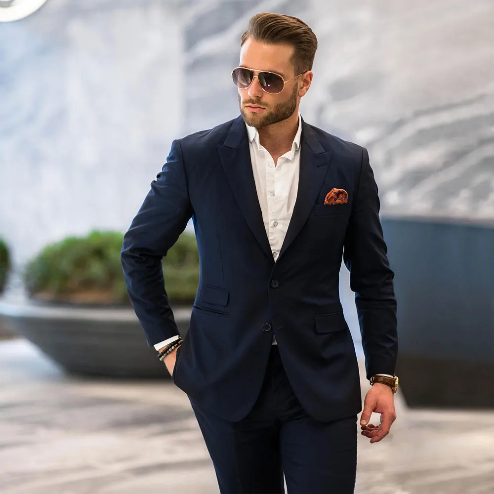 

Navy Business Men's Suit Peaked Lapel Blazers Slim Fit Male Tuxedos Tailored Groom Wear Two Pieces Prom Jacket And Pants