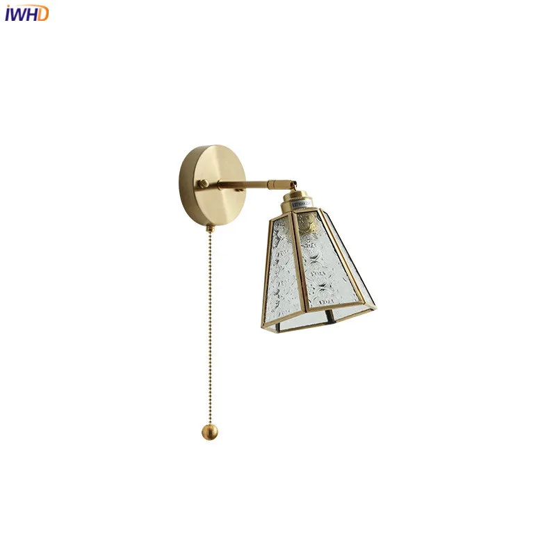 IWHD Pull Chain Copper LED Wall Lamp Sconce Beside Glass Lampshade Bedroom Living Room Stair Cafe Nordic Modern Wall Light