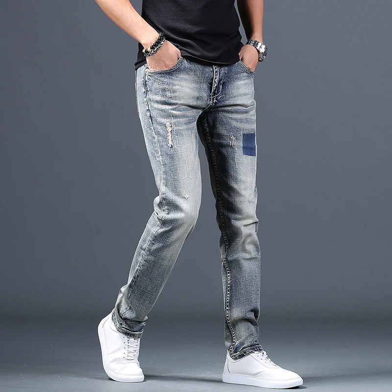 Light Blue Ripped Jeans Men's Cotton Regular Straight Denim Pants Streetwear Distressed Patch Jean Trousers