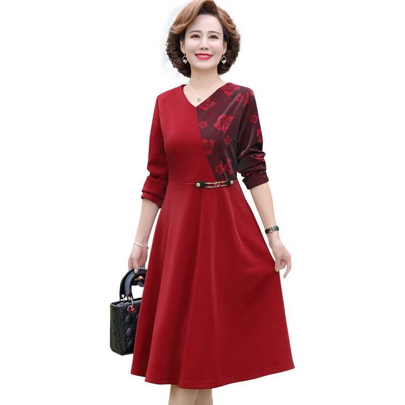 

Middle-aged Mom Dress Patchwork Print Vintage V-neck Female Spring Casual Long Sleeve Mid-Length Party Dress Vestidos