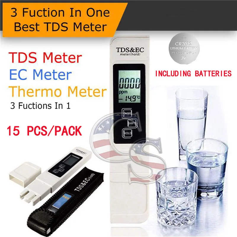 

15 units/pack 3 in 1 TDS EC Meter Temp Tester Thermometer Pen Water Purity PPM Filter Hydroponic for Aquarium Pool Water Monitor