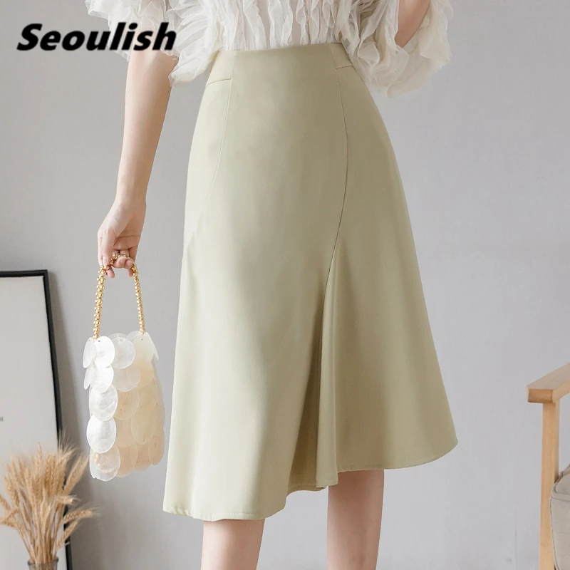 Seoulish 2021 New Spring Summer Minimalism Women's Umbrella Midi Skirts Korean OL Style High Waist Chic Female A-Line Skirts