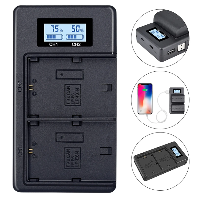 RISE-Lp-E6 Battery Charger Lcd Dual Charger For Canon Eos 5Ds R 5D Mark Ii 5D Mark Iii 6D 7D 80D Eos 5Ds R Camera