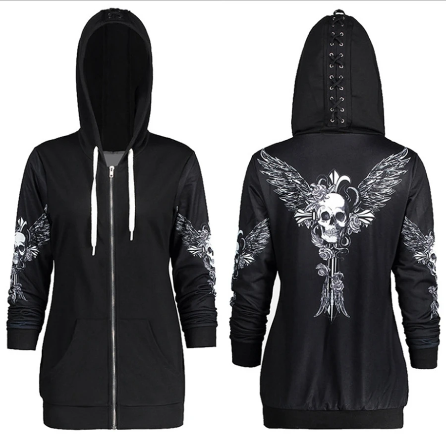 

2021 Retro Punk Skull Wings Printed Black Women's Hoodie Long Sleeve Casual All-match Streetwear Slim new Sweatshirt