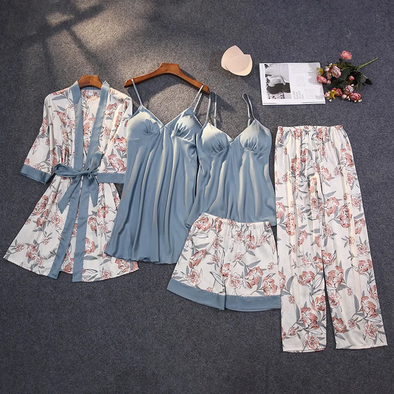 Lady Print Flower Nighty&Robe Suit Sleepwear Silky Satin Nightwear Kimono Bathrobe Gown Casual Nightgown Home Clothes