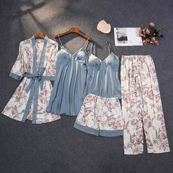 Lady Print Flower Nighty&Robe Suit Sleepwear Silky Satin Nightwear Kimono Bathrobe Gown Casual Nightgown Home Clothes