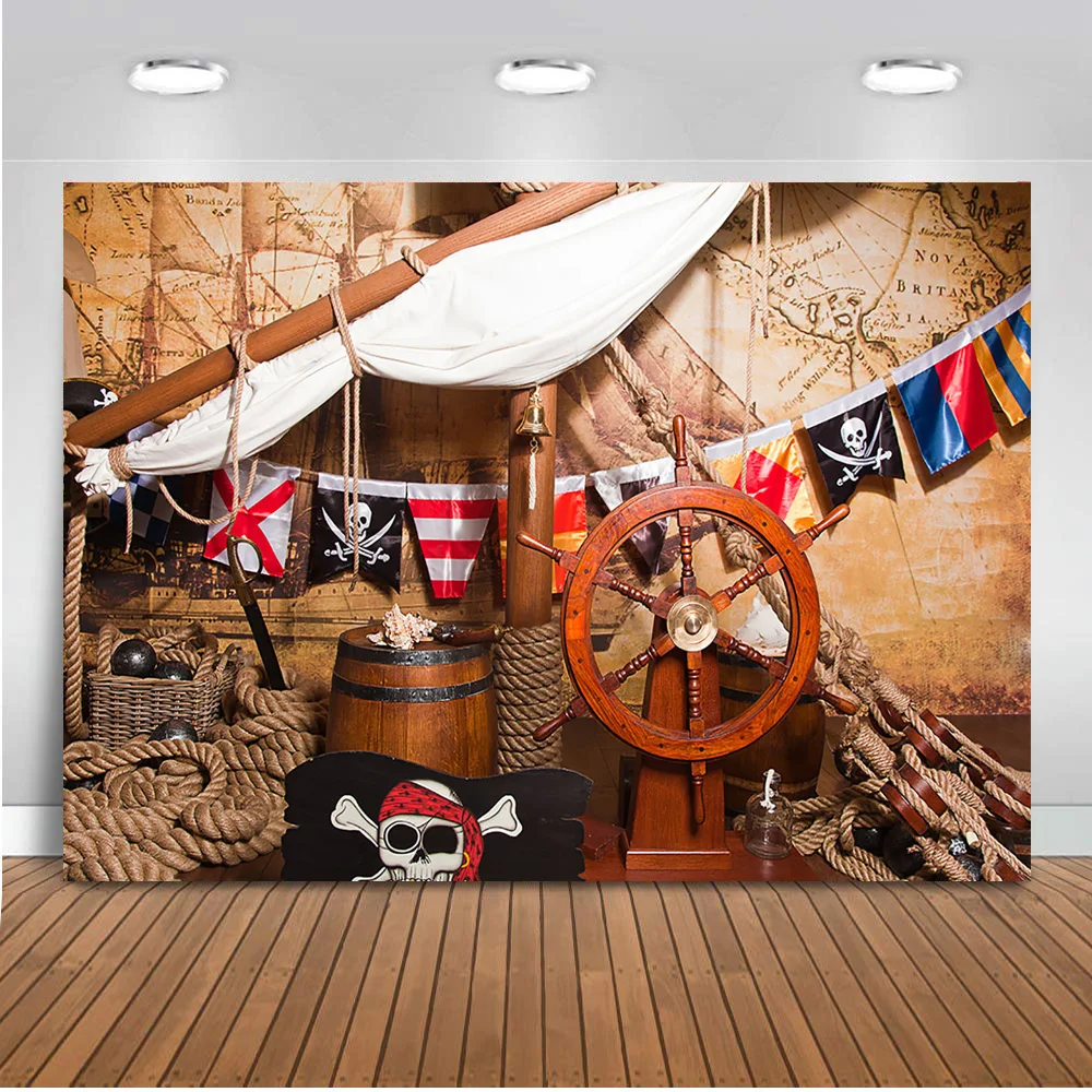 Pirate Themed Photography Backdrop Children Birthday Background  Ship Deck Navigation Newborn Baby Adventure Backdrop for Photo