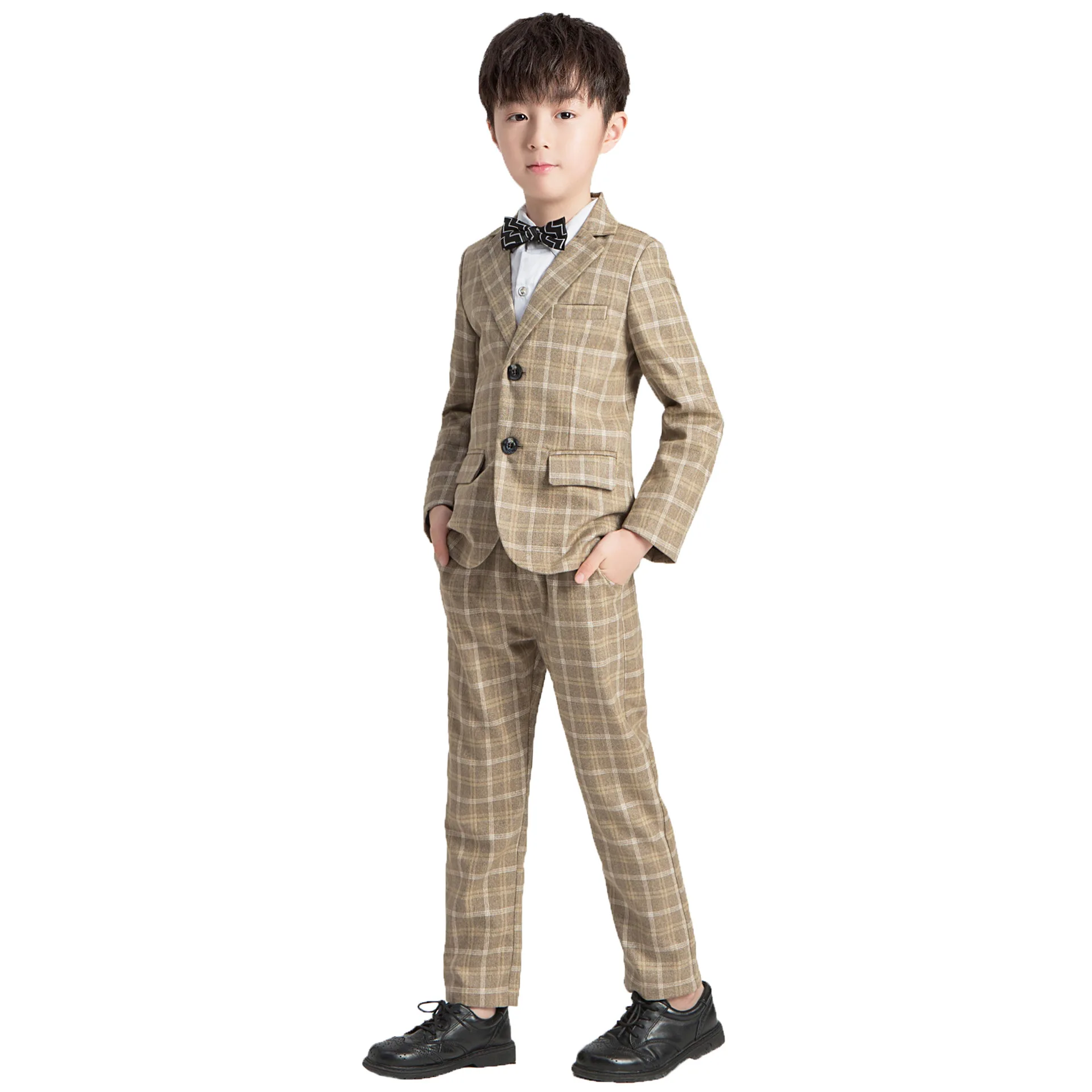 

Children's Plaid Dress Suit Set Kids Student Host Wedding Performance Costume Boys Blazer Vest Pants Shirts Bowtie Cloting Set