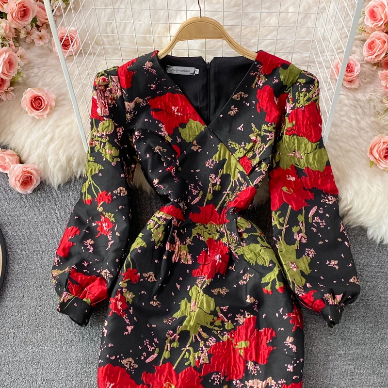 New Fall Vintage Jacquard Office Work Dress Women V-neck Puff Sleeve Print Slim Fit Slit Party Bodycon Designer Dresses