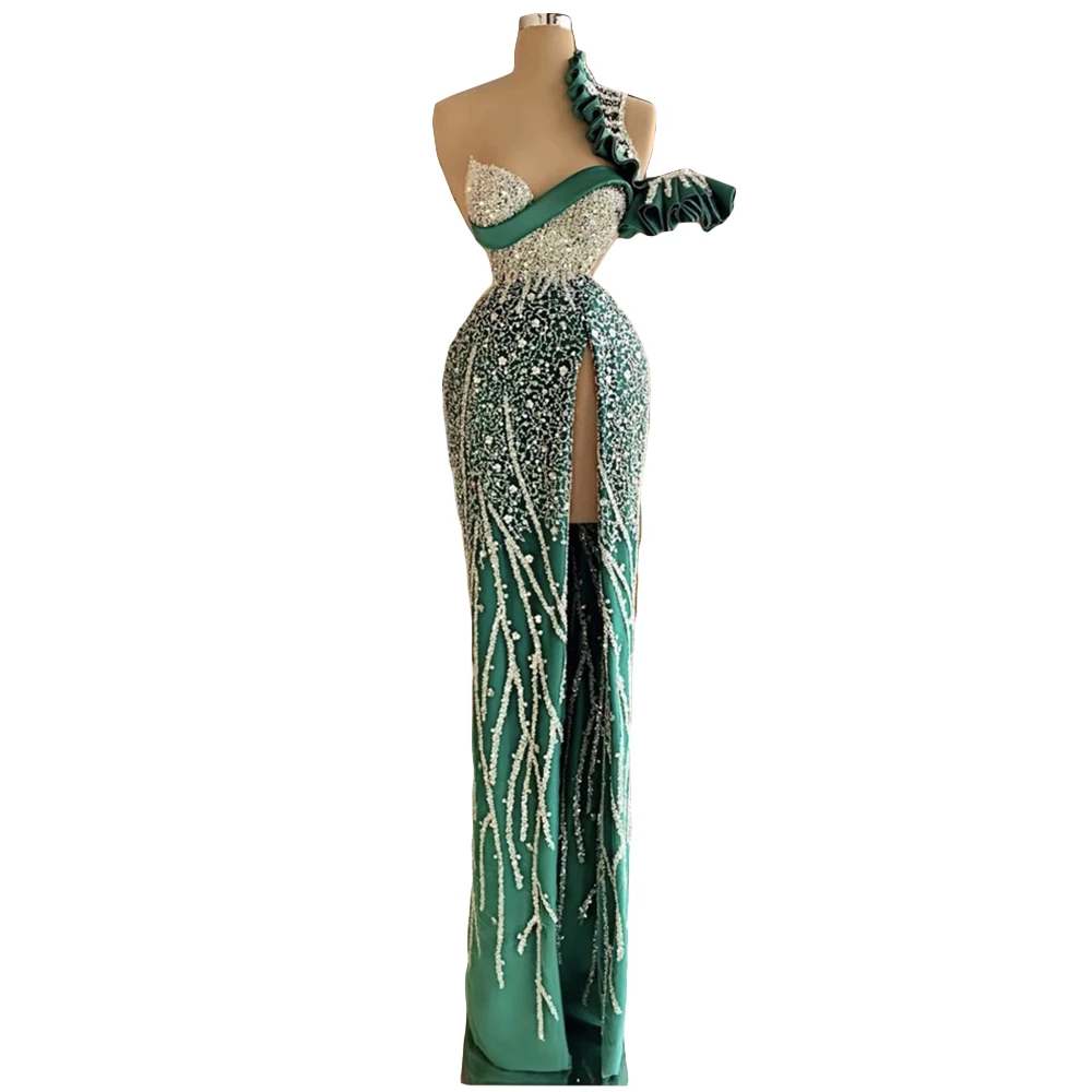 Hunter Green Mermaid Evening Dress One Shoulder Sequins Ruffles Party Dresses Custom Made Glitter Split Floor Length Prom Gowns