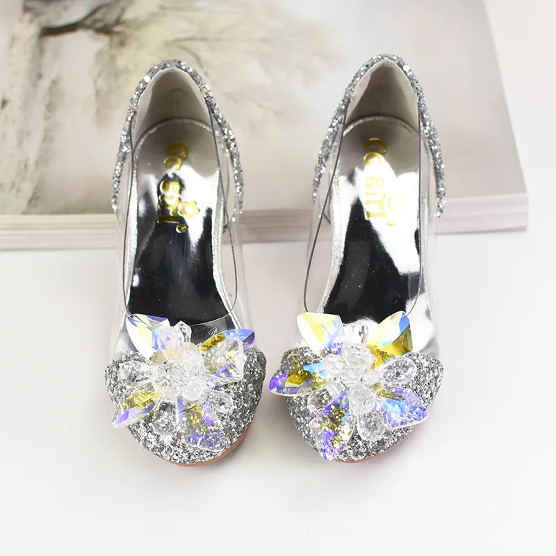 Zapatos de tacón alto de cristal de Cenicienta para niños, zapatos de fiesta de princesa transparentes con lentejuelas, vestido de diamantes para