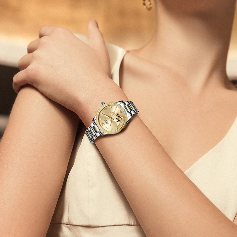 LOBINNI MIYOTA Movimento Orologi meccanici automatici Diamanti-Impostazione Ali Musica Scheletro Orologi da donna in acciaio inossidabile