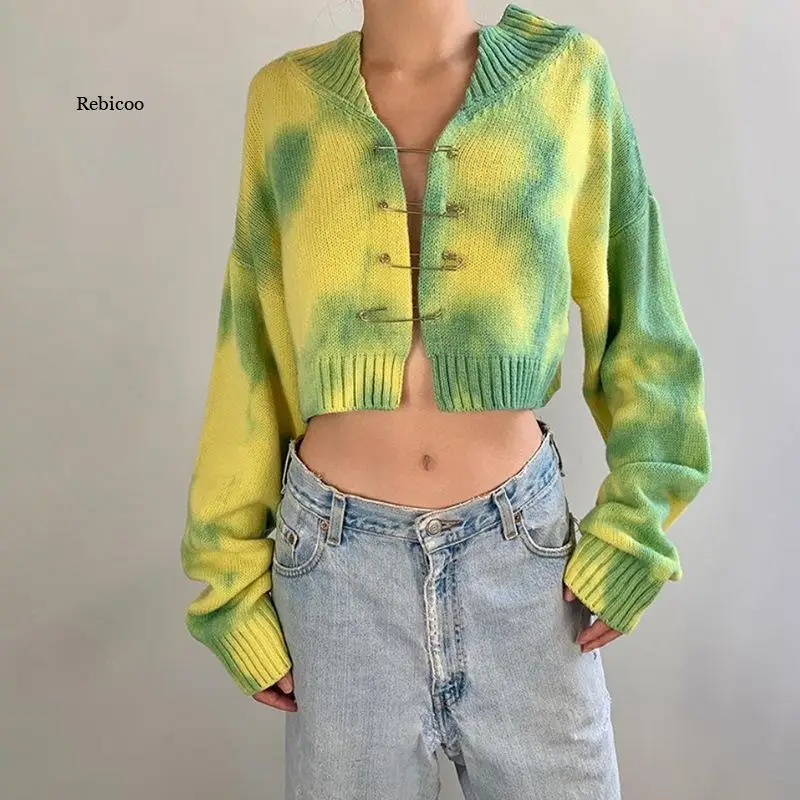 Sexy Club Tie-Dye Hollow Out Loose Crop Sweaters Women 2021 Autumn Fashion Casual Long Sleeve Breastpin Button Knitwear