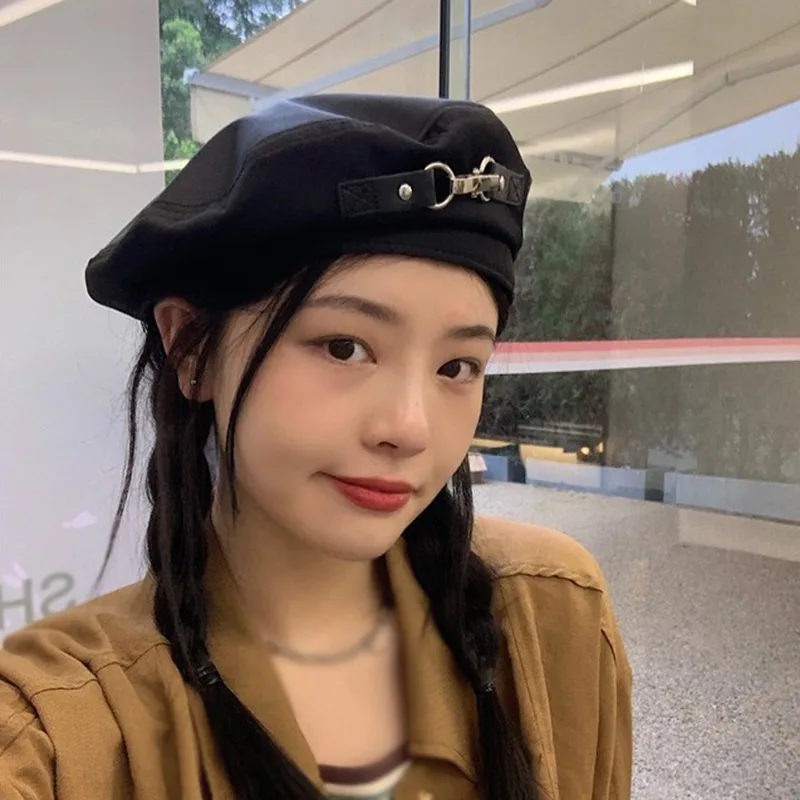 Autumn Beret Bucket Hat Harajuku Punk Gothic Metal Ring PU Belt Chain Black Hat  MenChic Streetwear Beanie Bonnet