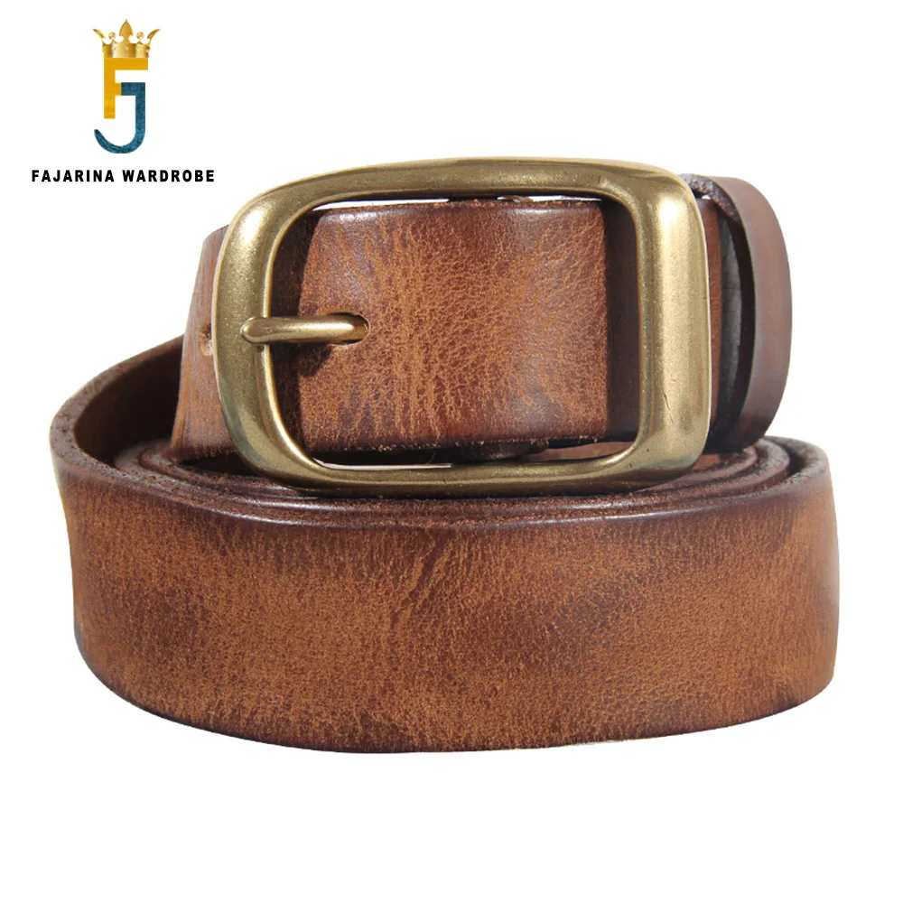 FAJARINA Men‘s Retro Cowhide Leather Brass Pin Buckle Metal Belt Top Quality Solid Pure Cow Skin Belts Men 3.3cm Width N17FJ882