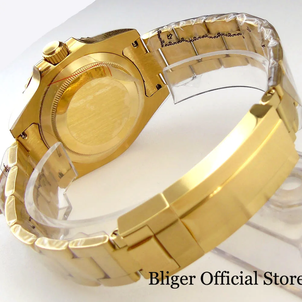 Bliger Pt5000 Geel Goud Gecoat Nologo 40Mm Mechanische Mannen Horloge 24 Juwelen Nh35a Stalen Band Geborsteld Insert Saffier Glas