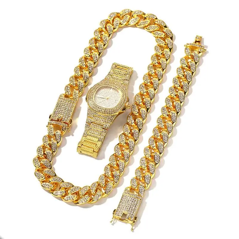 Iced Out Watch for Men Women Hip Hop Rapper Miami Cuban Chain Big Gold Chain Necklace Paved Rhinestones Bling Men Jewelry Set