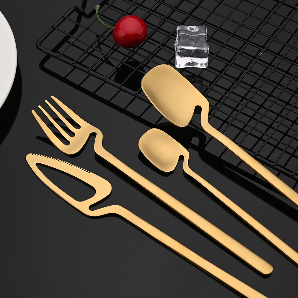 Matte Gold Cutlery Set Tableware 18/10 Stainless Steel Flatware Dinnerware Knife FruitFork Ice Spoon Dessert Fork Set For Party