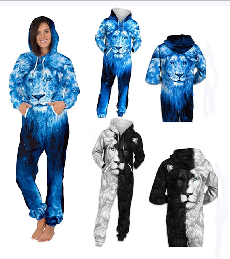 2020 Wome Print Jumpsuit One-piece Pajama Romper Playsuit Adult Lion Printed Zipper Hoodie Bodysuit Streetwear Overalls Outfits