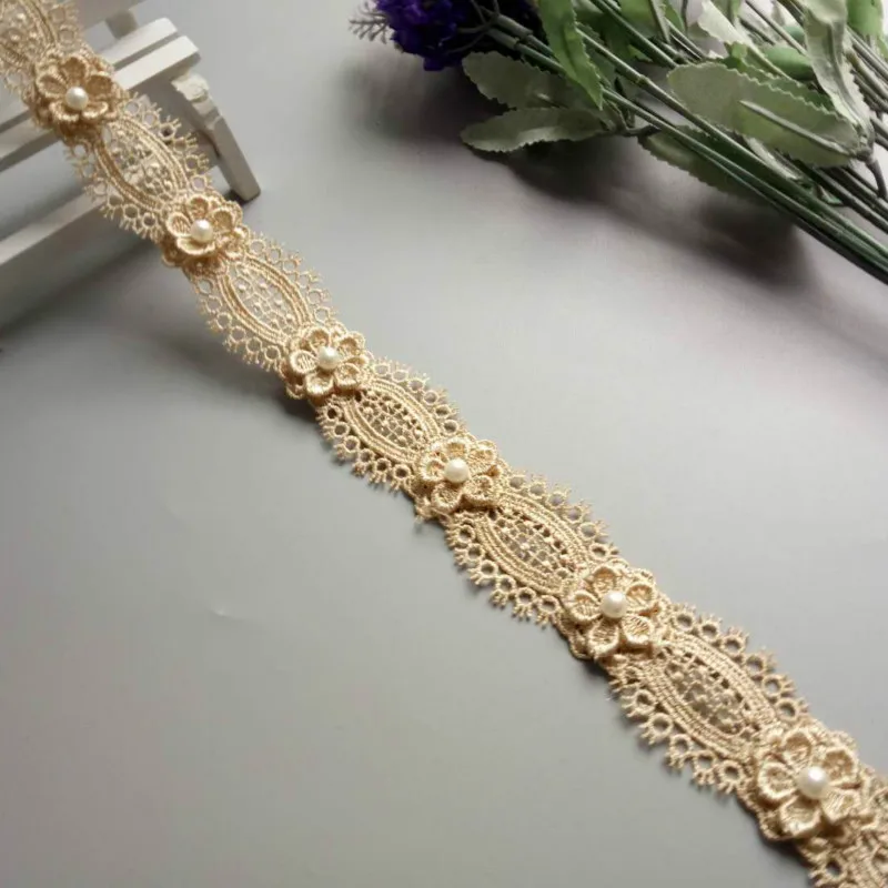 2 metri di tessuto ricamato in oro poliestere solubile perla fiore pizzo nastro fai da te cucito artigianale per la decorazione del cappello del costume