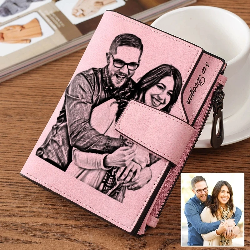 Personalized Photo Wallet for Women PU Leather Short Tri-fold Engraved Picture Wallets Purse Gift for Her Custom Wallet Women