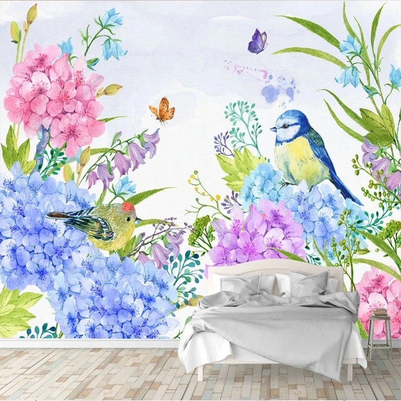 Custom Mural Wallpaper Hand Painted Watercolor Flowers And Birds Plant Background Wall Mura Papel De Pared Sticker Tapety Fresco