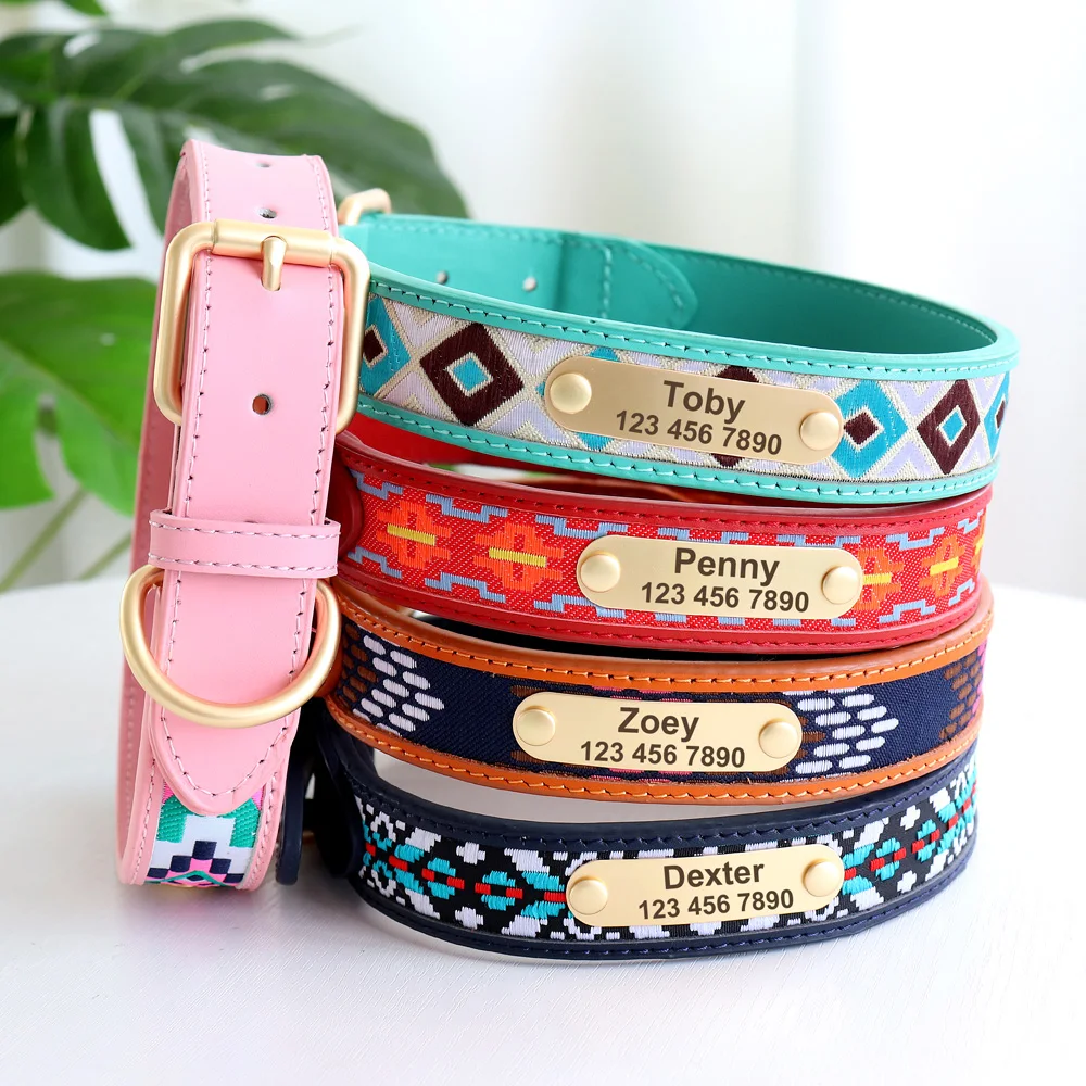 Tribal Dog Collar Personalized Leather Dog Collars Ethnic Embroidery Handmade Pet Collars ID Tag for Small Medium Large Dogs Pug