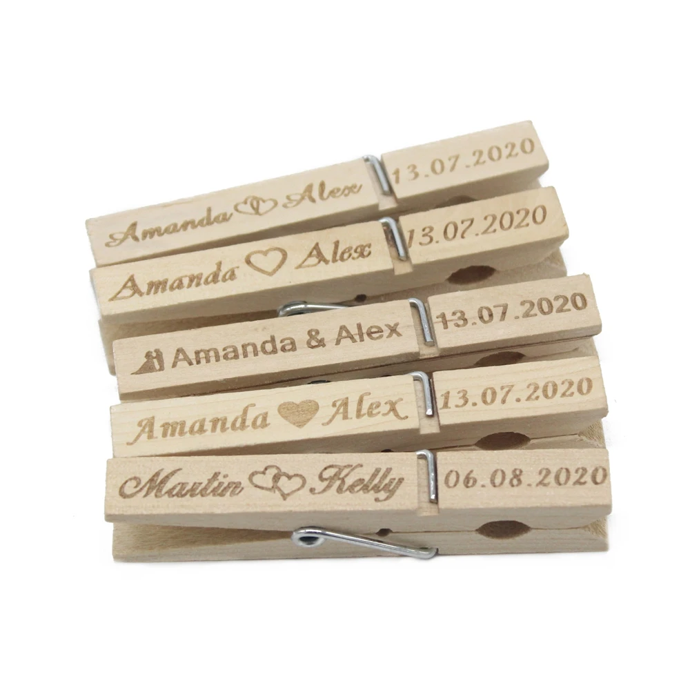 100Pcs Personalized Engraved Wood Rustic Clothespins Wooden Clothes Pins Classic Clothes Pags Clips Wedding Decor Baby Shower