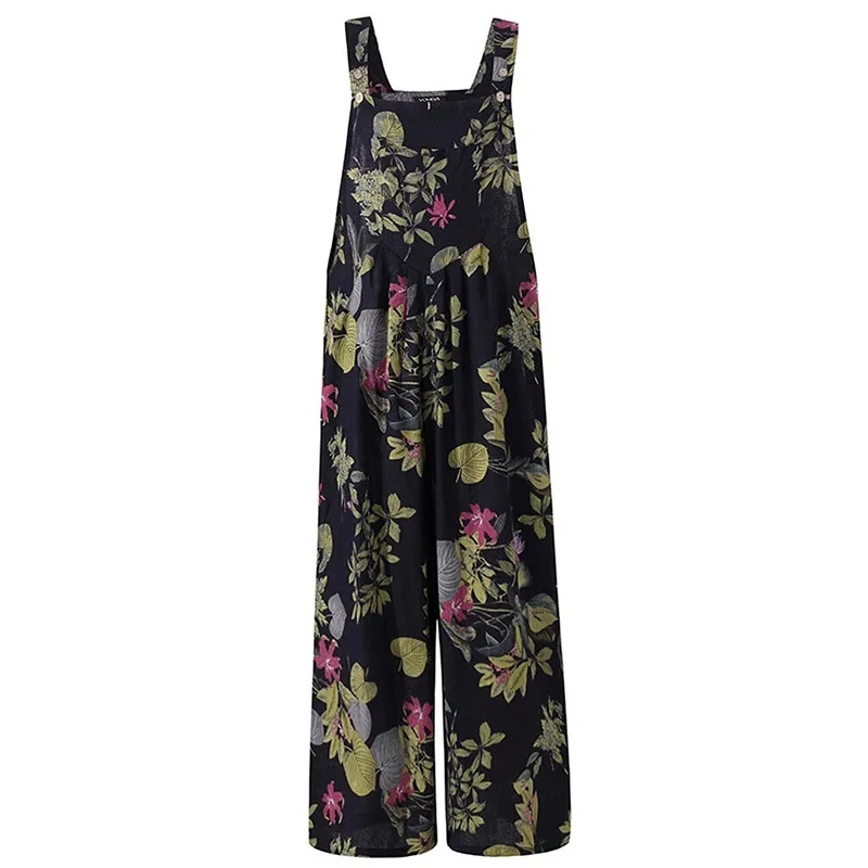 Vrouwen Rompertjes Hot Zomer Nieuwe Losse Linnen Katoen Jumpsuit Mouwloze Backless Leaf Bloemenprint Vierkante Hals Playsuits Overalls