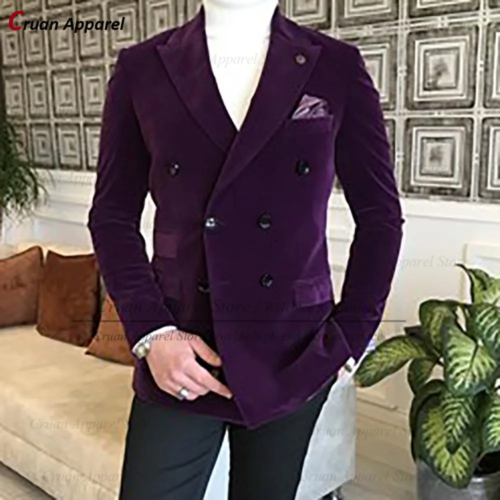 

2022 New Elegant Purple Men Blazers Velvet Slim fit Wedding Groomsman Groom Suit Jacket Peak Lapel Coat Tuxedo Tops 1Pcs Blazer