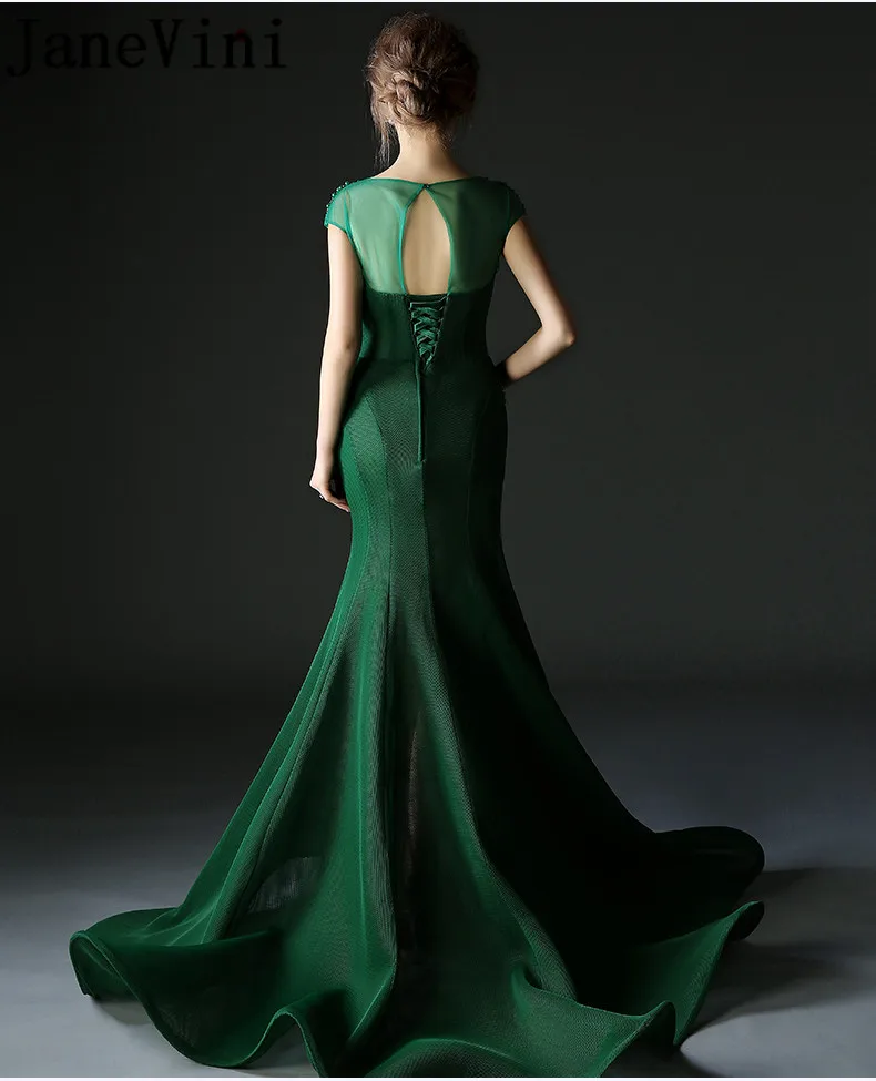 JaneVini Saudi Arabia Womens Evening Gown Dresses with Long Cape Jacket Dark Green Pearl Tulle Arabic Party Mermaid Formal Dress