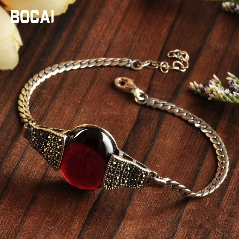 BOCAI Wholesale S925 Silver Jewelry Accessories Inlaid Garnet Marcasite Women‘s  Bracelet