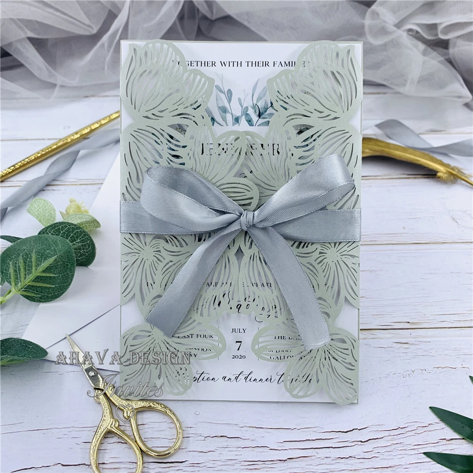 Graceful Silver Shimmery Laser Cut Wedding Invitation With Personalized Shimmer Inner Card