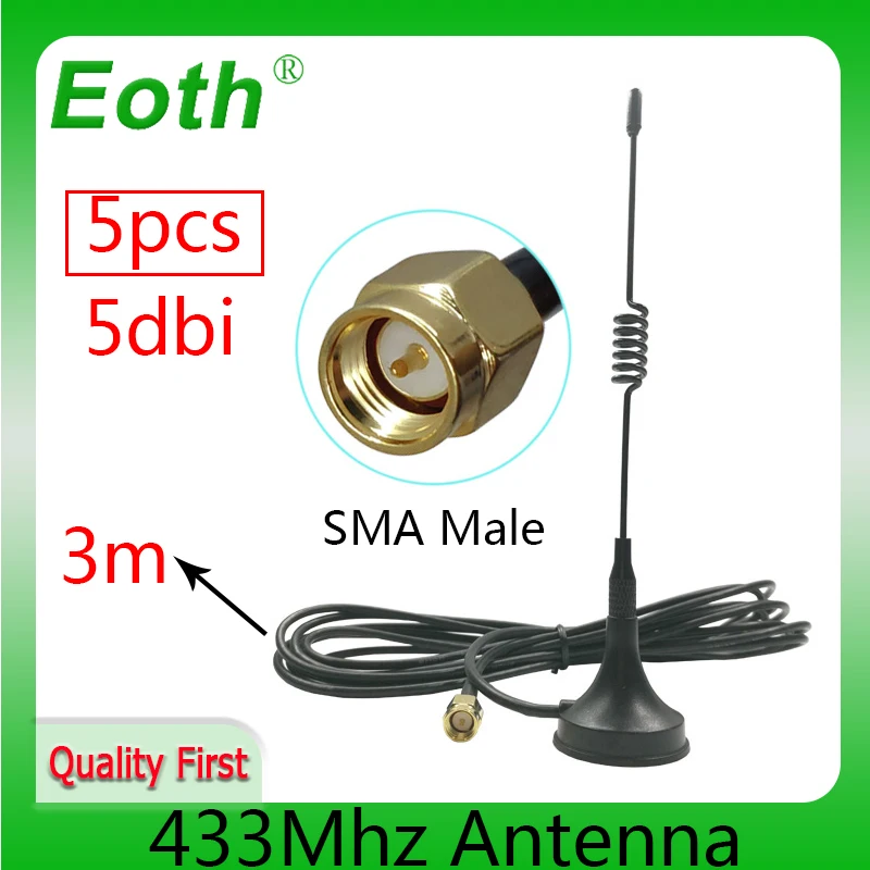 EOTH 5pcs 5dbi 433Mhz GSM Antenna SMA Male Connector 433m Straight  IOT Magnetic base Ham Radio Signal Booster Wireless Repeater