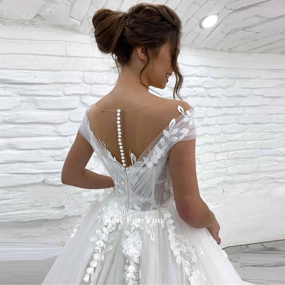 Vestido de novia elegante de tul de encaje, traje de princesa con cuello en V, mangas casquillo, apliques acampanados con botones en la espalda, hecho a medida, 2023