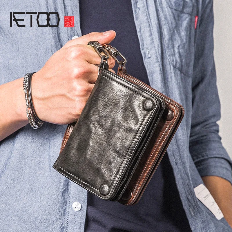 AETOO-cartera de piel de oveja para hombre, cartera hecha a mano, sección vertical, retro, multifuncional, suave, Vintage