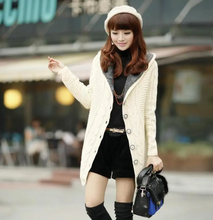 2020New Winter Hooded Cardigan Women Cashmere Sweater Red White Coat Thick Warm Sueter Mujer Long Sleeve Female Knitted Outwear