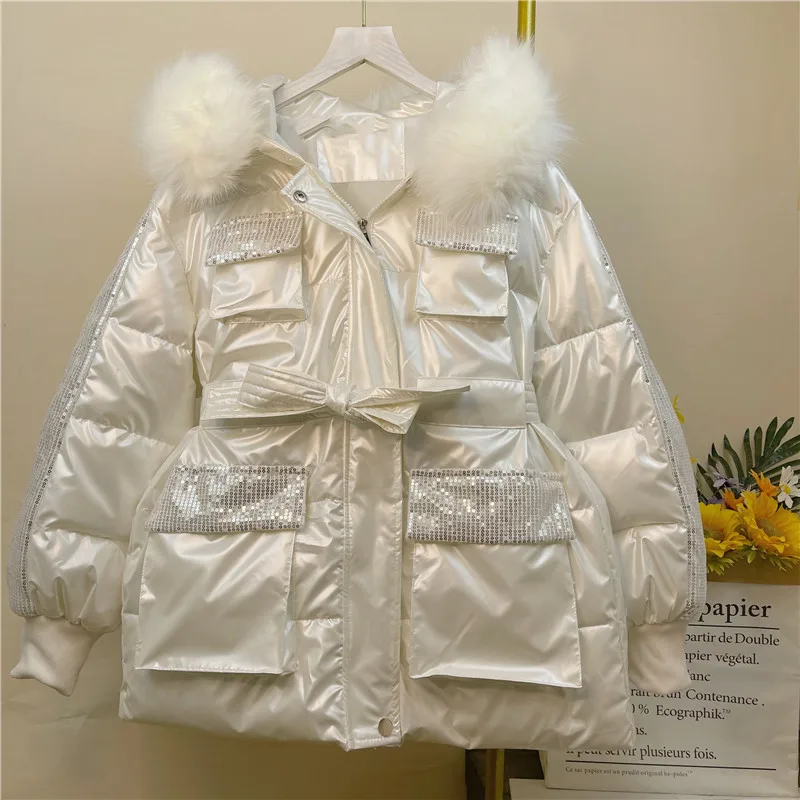 Imagem -04 - para Baixo Algodão-acolchoado Jaquetas para Mulheres Novo Inverno Coreano Solto Mid-length Parkas Genuíno Gola de Pele de Lantejoulas Estudantes Cabolsas Branco