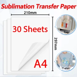 Papel de transferencia térmica por sublimación para impresora de inyección de tinta A4, papel de impresión por sublimación para ropa de algodón, camisetas, bolsas, 10 o 30 hojas