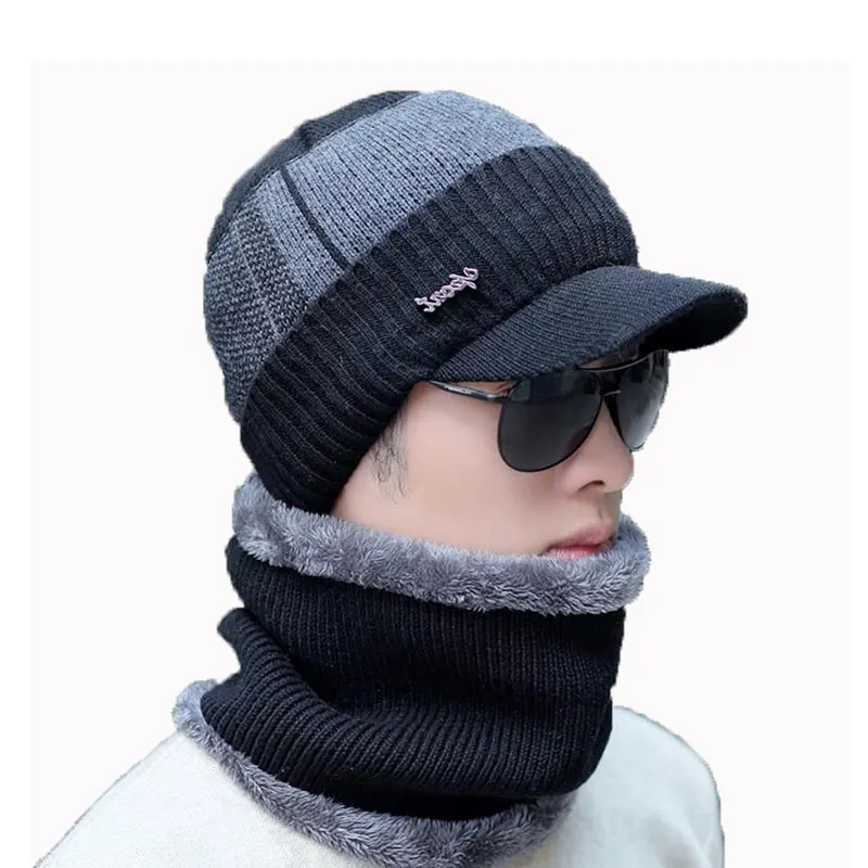 

Men Winter Hat And Scarf Set For Women Male Ring Scarves Cap With Brim Knitted Visor Beanies Balaclava Adult Warm 2 Pcs Set